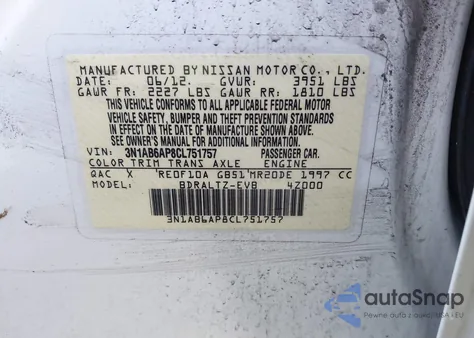 2012 Nissan Sentra 2.0 Sr z USA, uszkodzony, nr VIN 3N1AB6AP8CL751757